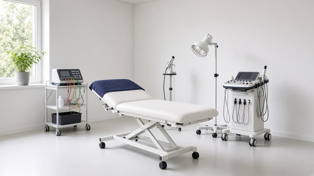 Cabina de fisioterapia con una camilla y equipos de electroterapia, láser e infrarrojo
