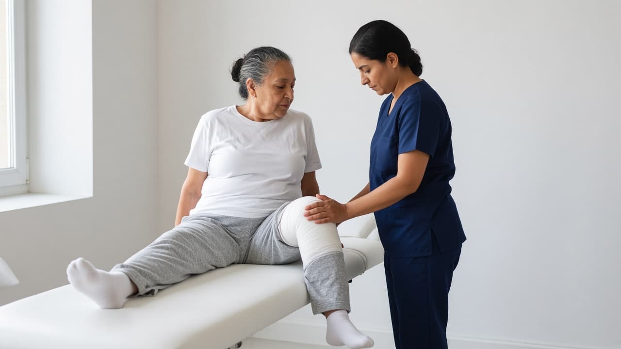 Mujer de 71 años en rehabilitación de rodilla con una fisioterapeuta